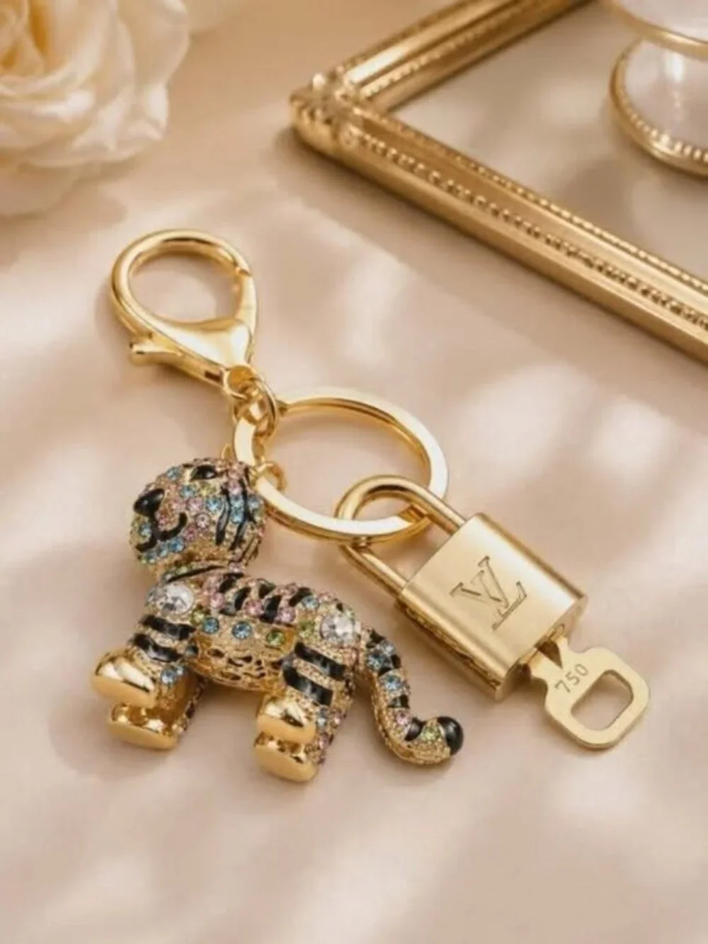 LV Authentic Gold Padlock 🔒 Key Set w/ Unbranded Keychain Tiger Charm